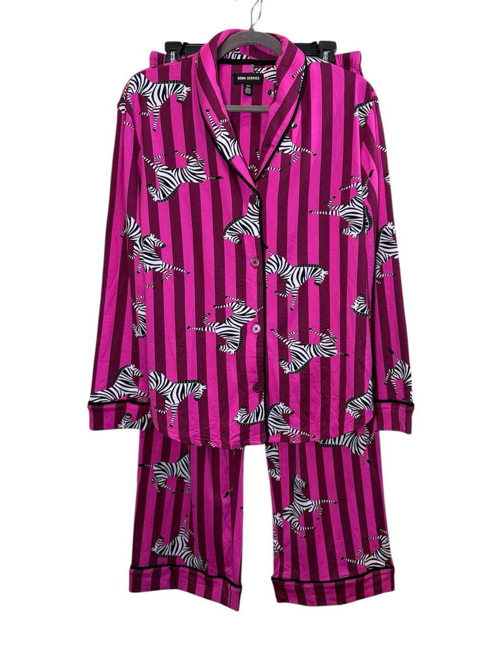 Room Service Soft and Cozy Pink Zebra Print Button-Up Pajama Lounge Set sz M